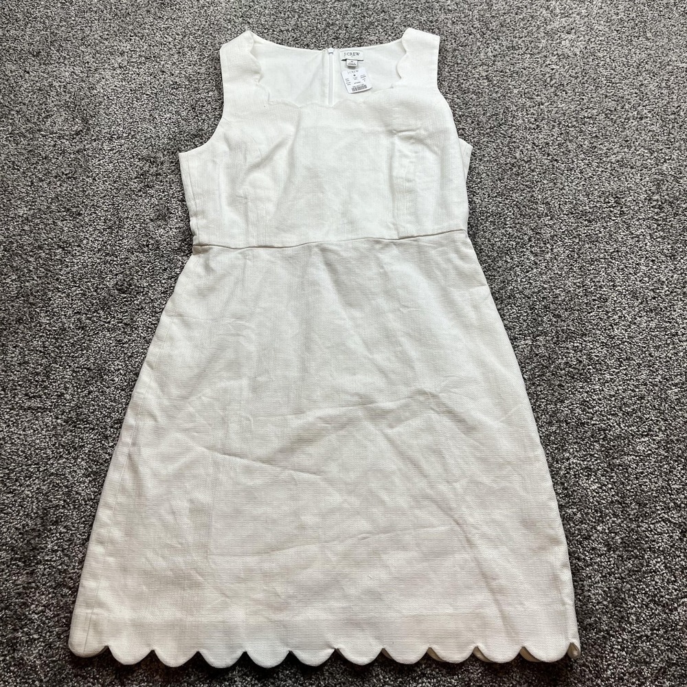 J Crew Dress Womens 6 White Cotton Sleeveless Scallop Hem Shift Lined Summer‎